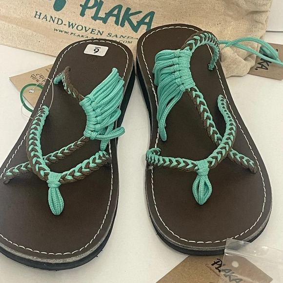Plaka Flip Flops Thong Sandals Teal Brown size 6 / free toe ring - Picture 2 of 16